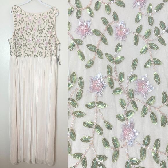 NWT ADRIANNA PAPELL DRESS 22W FLORAL SEQUIN BEADED LONG TULLE MAXI GOWN IVORY - Picture 1 of 13